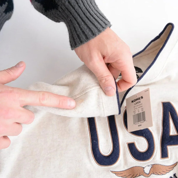Vintage 90S Croft And Barrow Sport Cream Navy Embroidered  Usa Crew Neck Sweater - Picture 12 of 13
